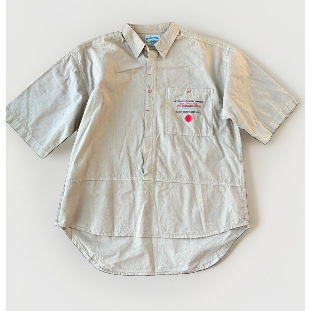 Vtg Bugle Boy Shirt Mens XL Tan Beige Short Sleeve Popover 90s Streetwear Crest